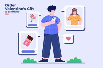 Flat Illustration People Ordering Valentine's Gift Present on Online Shop, Buying Valentine Present, Person Order Valentine Gift  From Online Store, Valentine Social Distance, Valentine Stay Home.