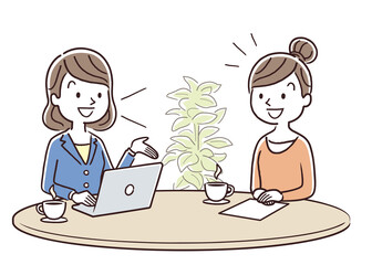 ベクターイラスト素材：女性スタッフから説明を受ける若い女性
