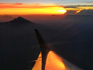 Landscape, airplane, sunrise, airplane wing, Puerto Escondido, Oaxaca, Sun