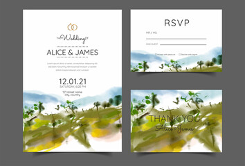 wedding invitation cards landscapes with watercolor techniques