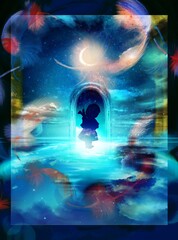 Silhouette of child girl on bluely planet in the space with flying feathers