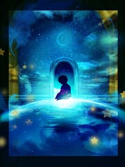 Silhouette of sitting child boy on bluely planet in the space with flying feathers