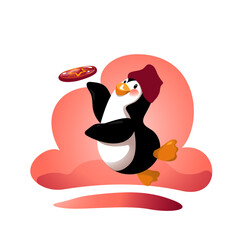 Cartoon Penguin plays flying disc outdoors. Active character looks happy and friendly. Bright vector illustration on abstract background.