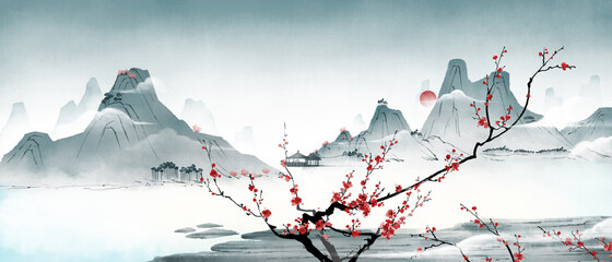 Ink landscape painting of mountain peaks of plum blossoms, ancient oriental paintings, and classical Asian paintings.