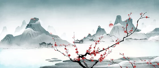 Rollo Tuschelandschaftsmalerei von Berggipfeln von Pflaumenblüten, altorientalische Malerei und klassische asiatische Malerei. © oliverzs