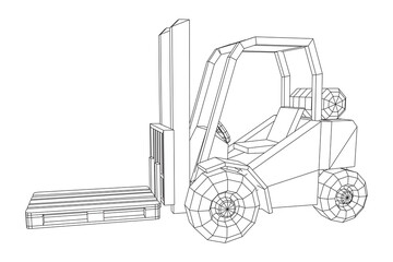 Forklift Loader lift truck with cargo pallet for warehouse.