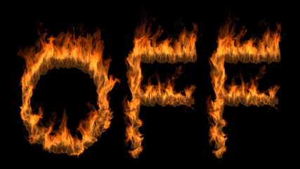 3D illustration of word off text on fire with alpha layer