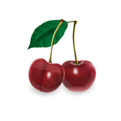 Two cherries with stems and a leaf.