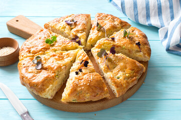 Homemade cheese, green onions and bacon flatbread