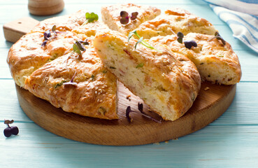 Homemade cheese, green onions and bacon flatbread