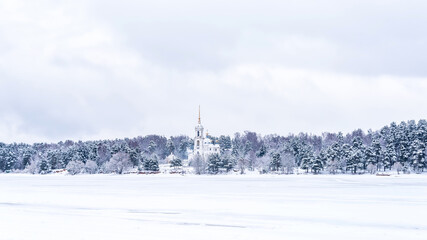 Winter Landscape with river and Temple on the far Coast