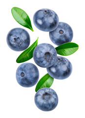Blueberry isolated on white background. Blueberry half macro studio photo. Blueberry with leaves. With clipping path