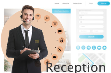 Portrait of male receptionist and website for booking room in hotel
