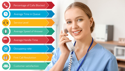 Young female receptionist talking by telephone in clinic