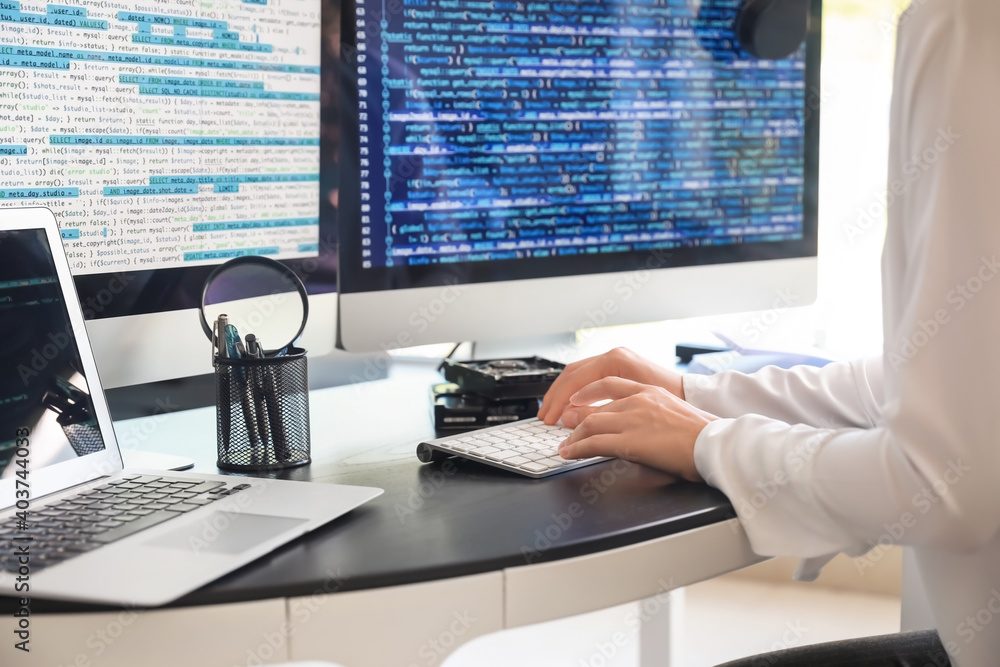 Poster female programmer working in office