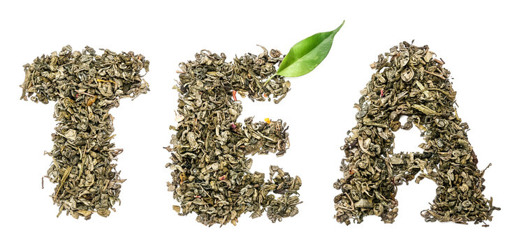 Word TEA made of dry tea leaves on white background