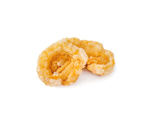 Pork snack or Pork scratching leather lean pork fried crispy and blistered isoloated on white background.
