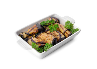 Tasty grilled eggplant with parsley in baking dish on white background