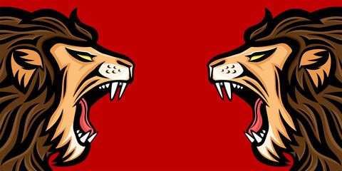 Two angry roaring lions on a red background.