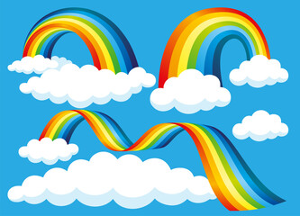 Colorful set with rainbows and clouds on a blue background.