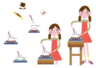 楽しそうにスイーツをつくる女性　セット　イラスト