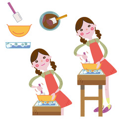 楽しそうにスイーツをつくる女性　セット　イラスト