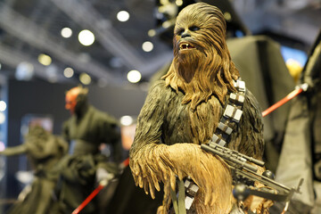 Naklejka premium Close up of Chewbacca fictional character figures in Ximending Mall, Taipei. He is a Wookiee, a tall, hirsute biped and intelligent species from the planet Kashyyyk. TAIPEI, TAIWAN - JUNE 26, 2018.