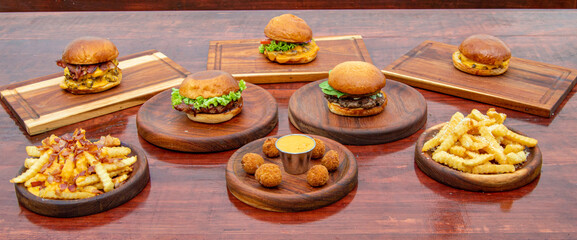 fast food board burgers with fried entrees with extra cheese and delicious arne