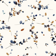 Seamless texture of wild colorful leaves. Hand drawn watercolor sketch painting on simple background.