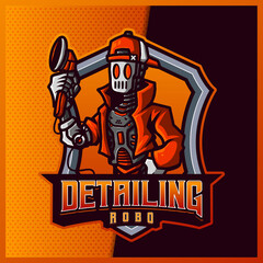 Detailing Robot esport and sport mascot logo design with modern illustration concept for team, badge, emblem and t-shirt printing. Car mechanic illustration on isolated background. Premium Vector