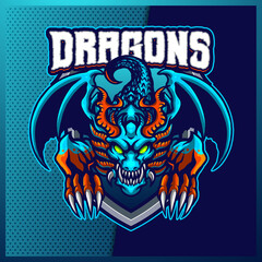 Blue Dragons esport and sport mascot logo design with modern illustration concept for team, badge, emblem and t-shirt printing. Hydra illustration on isolated background. Premium Vector © FNR Graphics