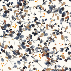Seamless texture of wild leaves with mini fruits. Hand drawn watercolor sketch painting on simple background.