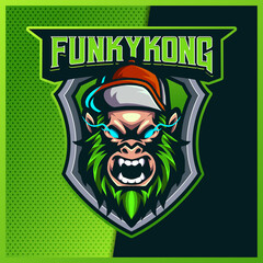 Funky Kingkong with hat esport and sport mascot logo design with modern illustration concept for team, badge, emblem and t-shirt printing. Monkey illustration on isolated background. Premium Vector