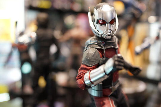 Close up of Ant-Man figures on display shelf in Ximending shopping Mall. The Avengers are a fictional team of superheroes appearing in American comic books by Marvel. TAIPEI, TAIWAN - JUNE 26, 2018.
