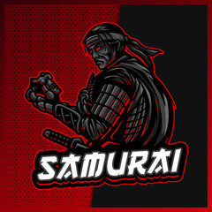 Red Samurai esport and sport mascot logo design with modern illustration concept for team, badge, emblem and t-shirt printing. Red Samurai illustration on isolated background. Premium Vector