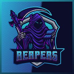 Hood Reaper glow blue color esport and sport mascot logo design with modern illustration concept for team, badge, jersey and t-shirt printing. Grim illustration on isolated background. Premium Vector
