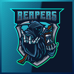 Hood Reaper glow blue color esport and sport mascot logo design with modern illustration concept for team, badge, jersey and t-shirt printing. Grim illustration on isolated background. Premium Vector