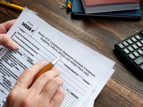 Form 14568-F Model VCP Compliance Statement Schedule 6 Employer Eligibility Failure (401(k) and 403(b) Plans only) inscription on the page.