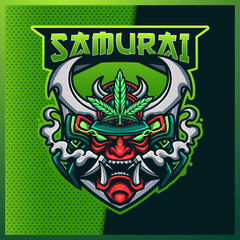 Samurai Oni e sport and sport mascot logo design concept style for team, badge, and thirst printing. Weed illustration for gaming sport and e sport team on Isolated Background. Vector illustration