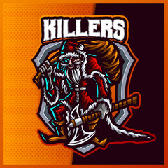Killers Santa with axes esport and sport mascot logo design with modern illustration concept for team, badge, emblem and t-shirt printing. Evil illustration on isolated background. Premium Vector