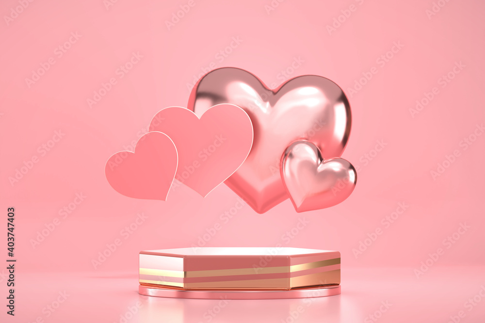 Poster valentine's day stage podium mock up with heart product display showcase 3d render