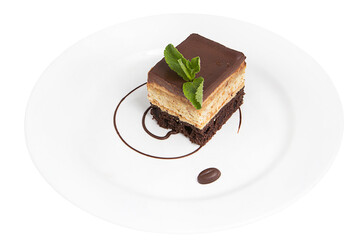 Restaurant service concept. Freshly made chocolate cake. Dessert slice of pie on a white plate on a white plate. Isolated.