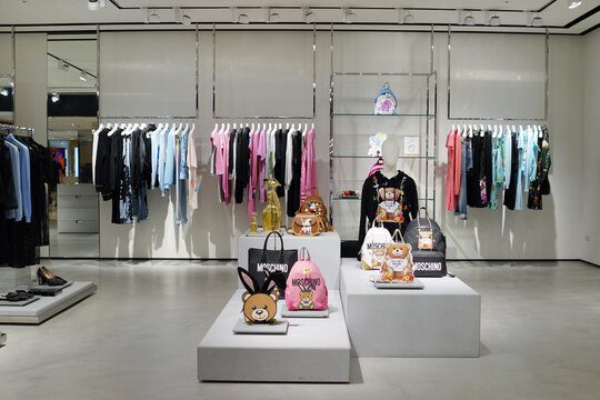 Moschino fashion boutique in Xinyi District Mall Taiwan. It is an Italian luxury fashion house, specialising in leather accessories, shoes, luggage, fragrances etc. TAIPEI, TAIWAN - JUNE 26, 2018.