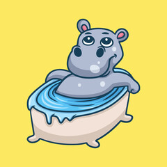 cartoon animal design hippos soaking in the bath cute mascot logo
