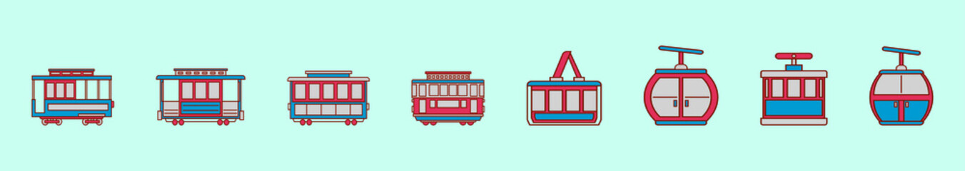 set of cable car cartoon icon design template with various models. vector illustration isolated on blue background