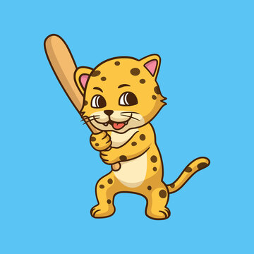 cartoon animal design leopard playing baseball cute mascot logo