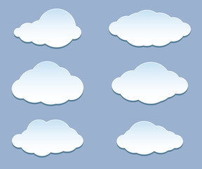 Cartoon white clouds, set iconson blue for messages, banners, web design.
