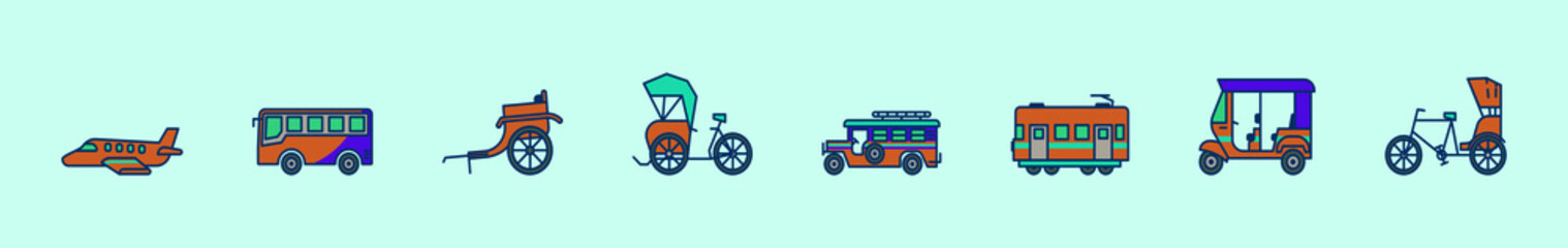set of public transportation cartoon icon design template with various models. vector illustration isolated on blue background