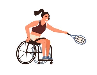 Paralympic female athlete playing tennis sitting in wheelchair vector flat illustration. Disabled sportswoman hold racket hitting ball isolated. Handicapped woman with paralyzed limbs doing sports