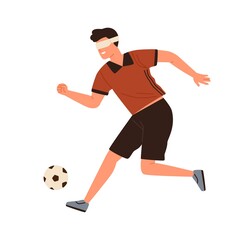 Disabled athlete, blind male soccer running kicking ball vector flat illustration. Paralympic sportsman football player performing sports activity isolated on white. Handicapped man with blindfold